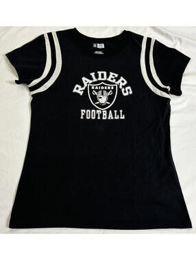 Oakland Raiders Women Shirt XL Black Logo Graphic Striped Short Sleeve